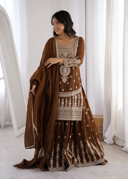 Brown Embroidered Sharara Suit Set with Dupatta for Wedding & Festive Wear