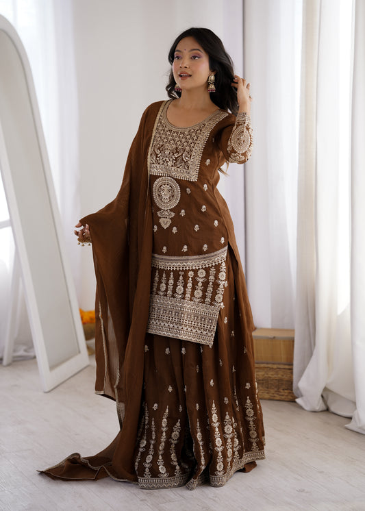 Brown Embroidered Sharara Suit Set with Dupatta for Wedding & Festive Wear