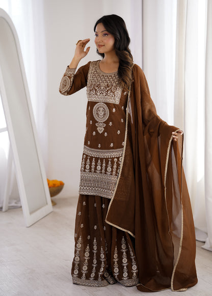 Brown Embroidered Sharara Suit Set with Dupatta for Wedding & Festive Wear