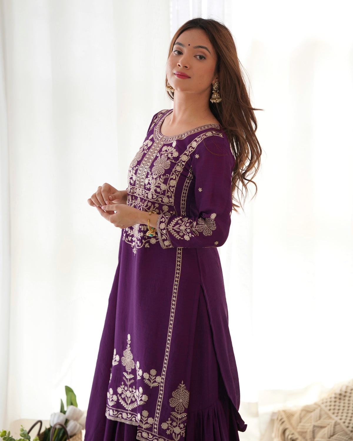 Wine Purple Chinon Silk Embroidered Kurti Sharara Set with Dupatta