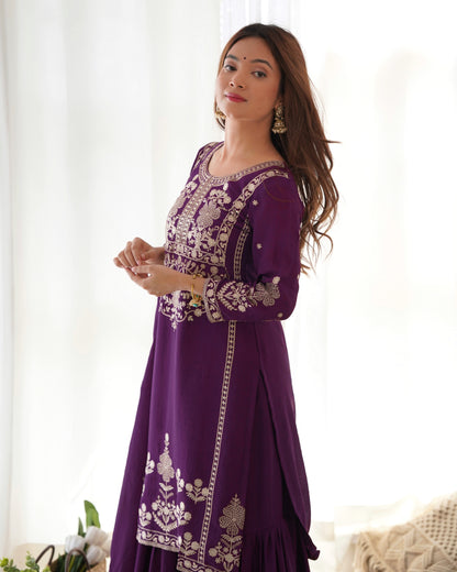Wine Purple Chinon Silk Embroidered Kurti Sharara Set with Dupatta