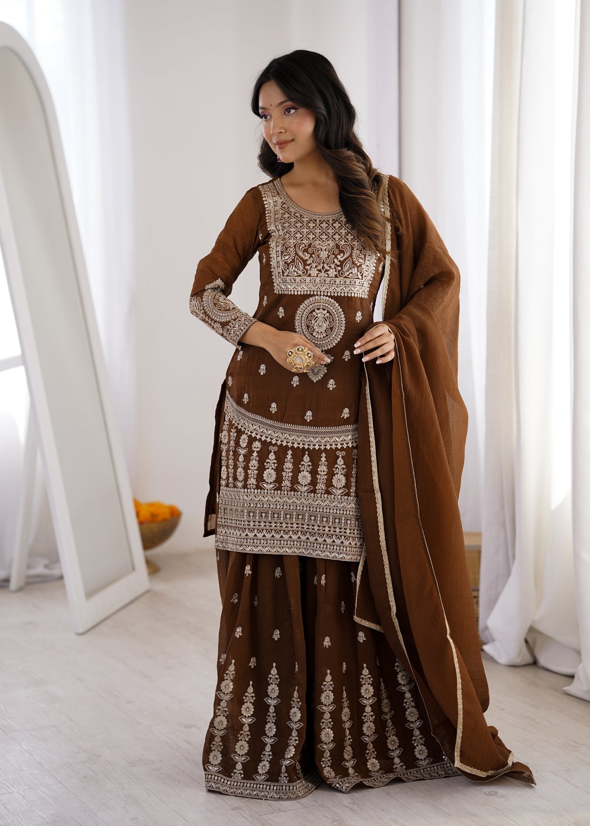 Brown Embroidered Sharara Suit Set with Dupatta for Wedding & Festive Wear