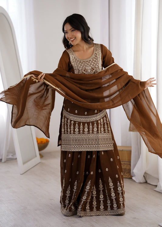 Brown Embroidered Sharara Suit Set with Dupatta for Wedding & Festive Wear