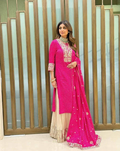 Shilpa Shetty Inspired Pink Kurta Sharara Set with Embroidered Dupatta