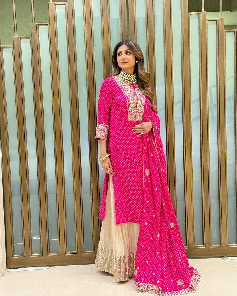 Shilpa Shetty Inspired Pink Kurta Sharara Set with Embroidered Dupatta