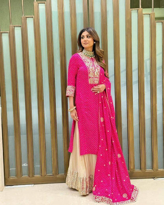 Shilpa Shetty Inspired Pink Kurta Sharara Set with Embroidered Dupatta