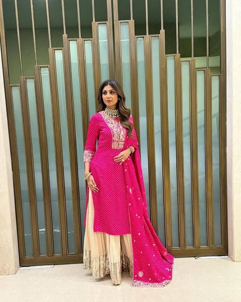 Shilpa Shetty Inspired Pink Kurta Sharara Set with Embroidered Dupatta