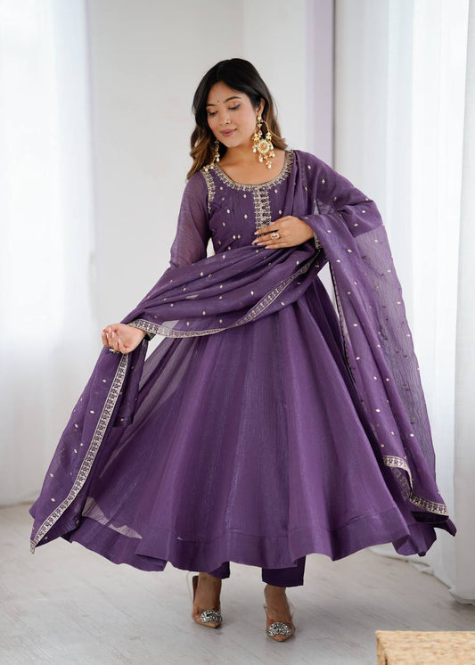 Elegant Purple Crunchy Silk Anarkali Gown with Sequins & Zari Embroidery