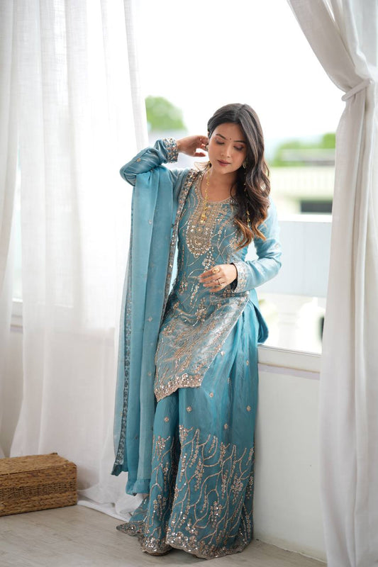 Sky Blue Heavy Embroidered Sharara Suit Set with Dupatta