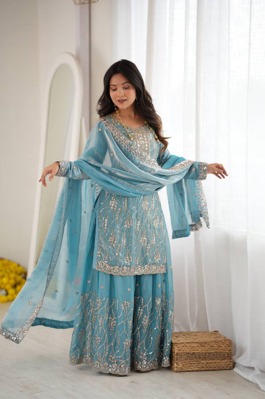 Sky Blue Heavy Embroidered Sharara Suit Set with Dupatta