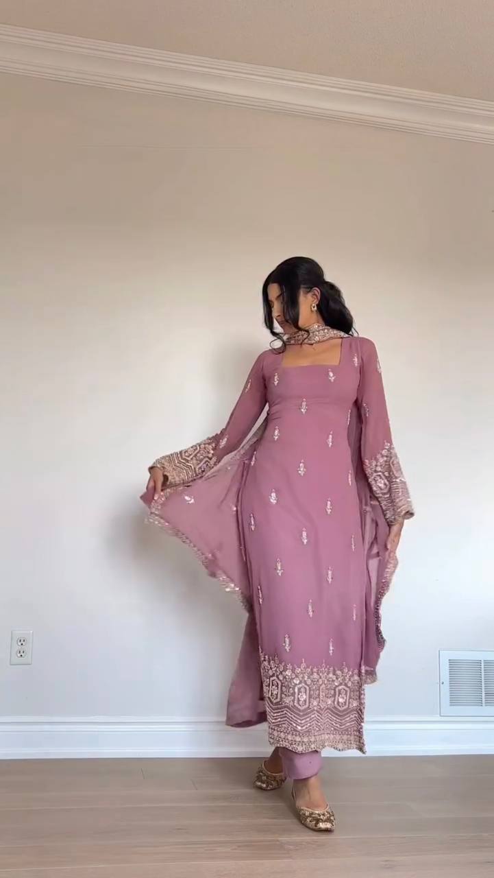Dusty Pink Embroidered Georgette Straight Suit Set