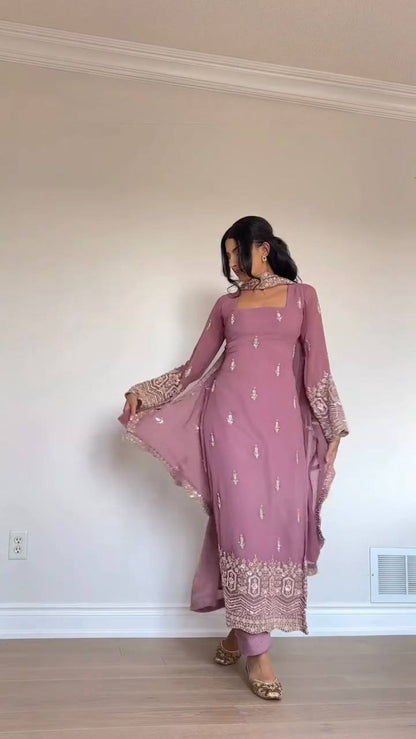 Dusty Pink Embroidered Georgette Straight Suit Set