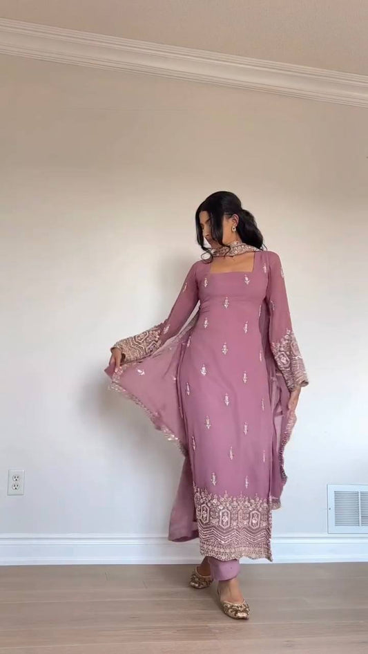 Dusty Pink Embroidered Georgette Straight Suit Set
