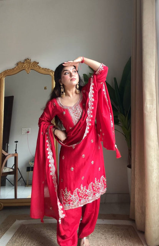 Red Embroidered Straight Salwar Suit with Dupatta