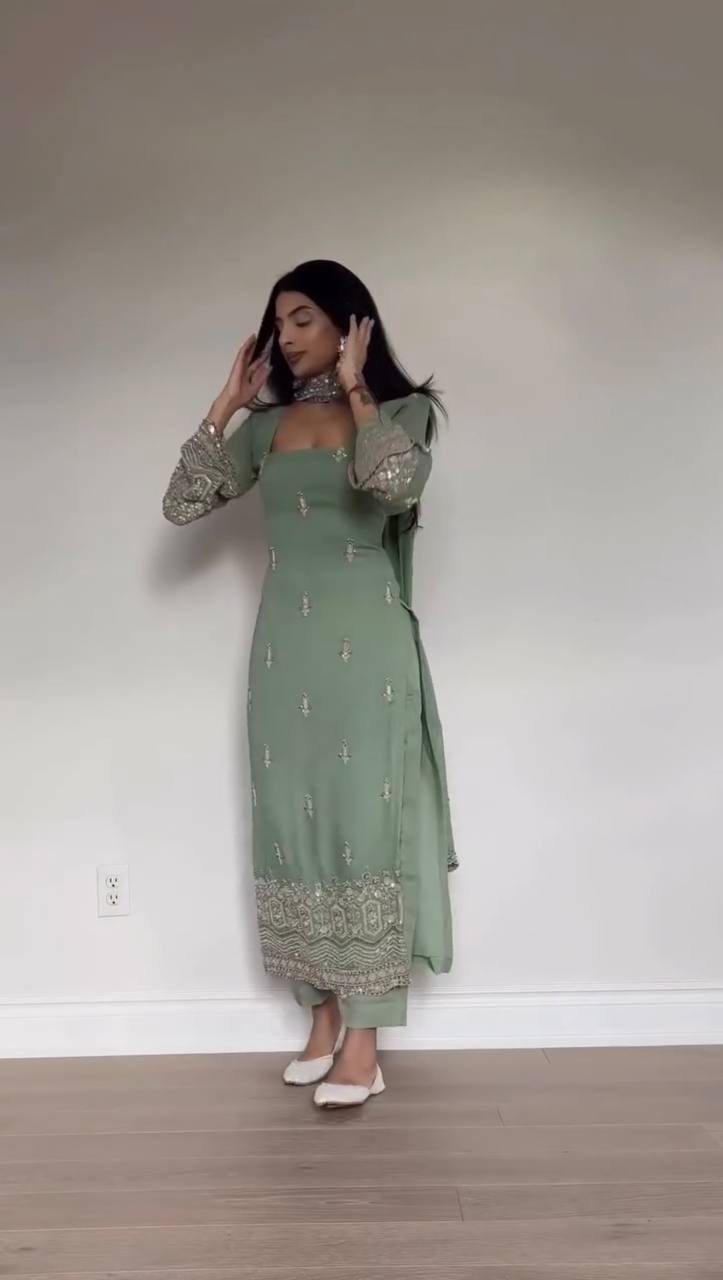 Pastel Green Embroidered Georgette Suit