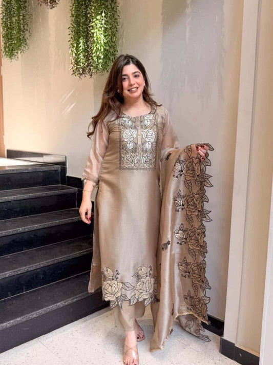 Beige Mul Chanderi Embroidered Kurti Pant Set with Dupatta