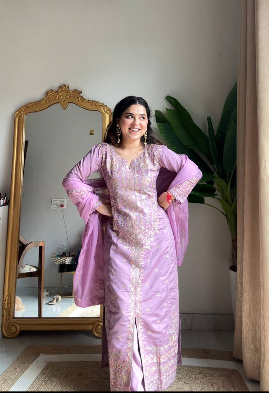 Lavender Silk Embroidered Straight Kurta with Dupatta