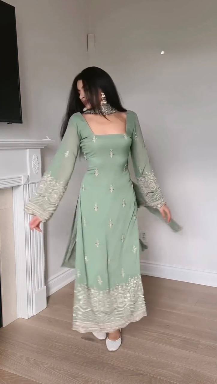Pastel Green Embroidered Georgette Suit