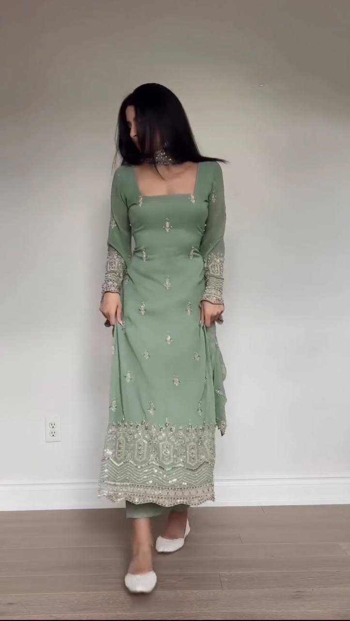 Dusty Pink Embroidered Georgette Straight Suit Set