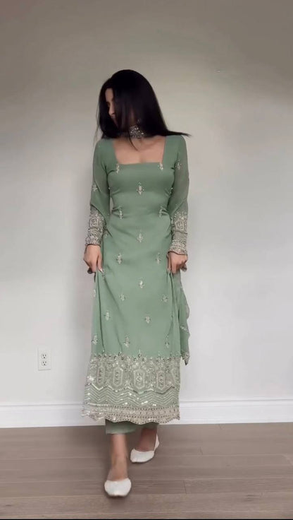 Dusty Pink Embroidered Georgette Straight Suit Set