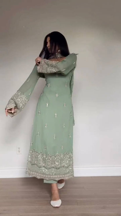 Pastel Green Embroidered Georgette Suit