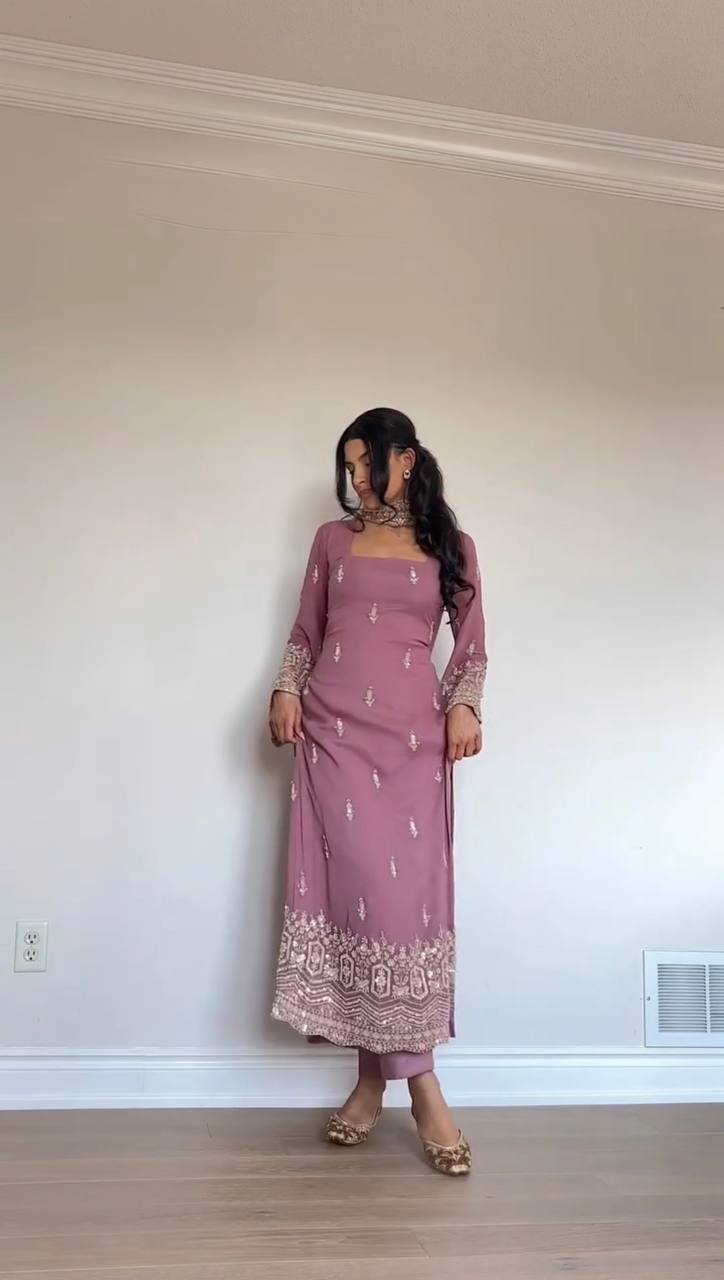 Dusty Pink Embroidered Georgette Straight Suit Set