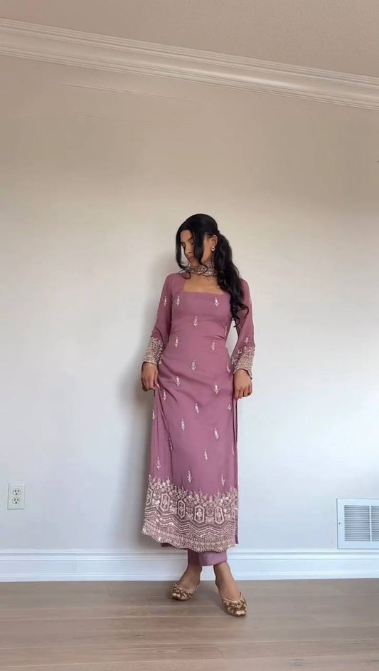Dusty Pink Embroidered Georgette Straight Suit Set