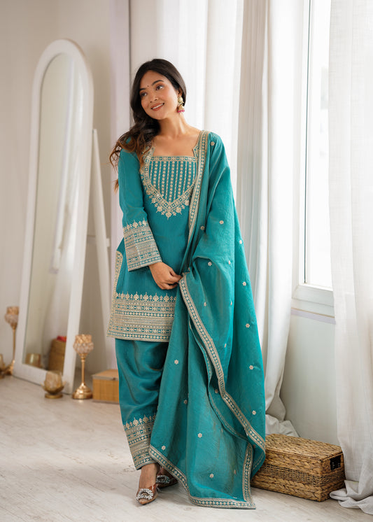 Teal Blue Farshi Salwar Kameez with Zari Embroidery & Dupatta