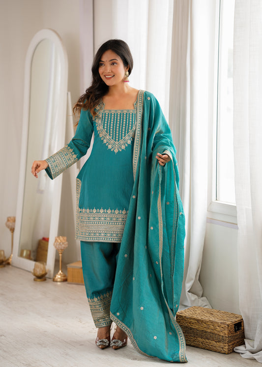 Teal Blue Farshi Salwar Kameez with Zari Embroidery & Dupatta