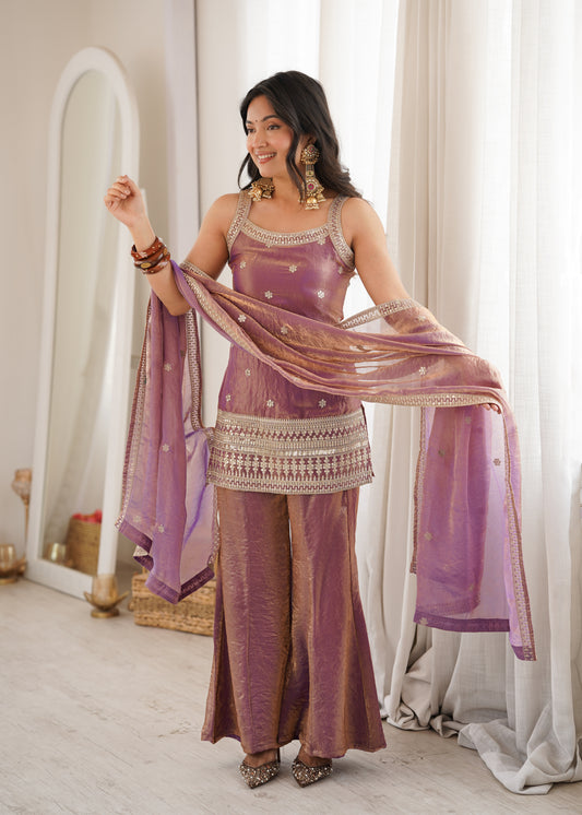 Mauve Trendy Silk Pakistani Suit Set with Bell Bottom Pants & Embroidered Dupatta