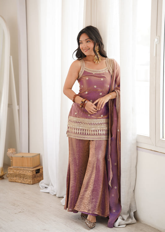 Mauve Trendy Silk Pakistani Suit Set with Bell Bottom Pants & Embroidered Dupatta