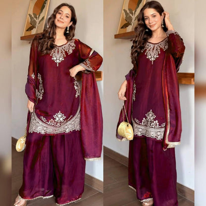 Wine Maroon Fendy Silk Kurti Palazzo Set with Embroidery & Dupatta