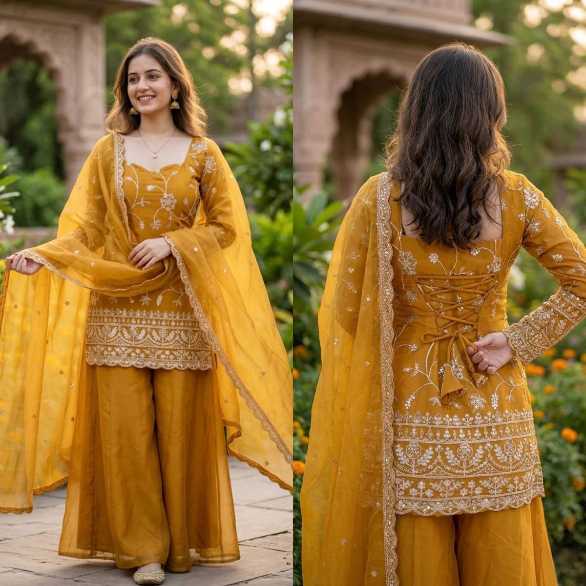 Mustard Yellow Embroidered Kurti Plazzo Set with Dupatta