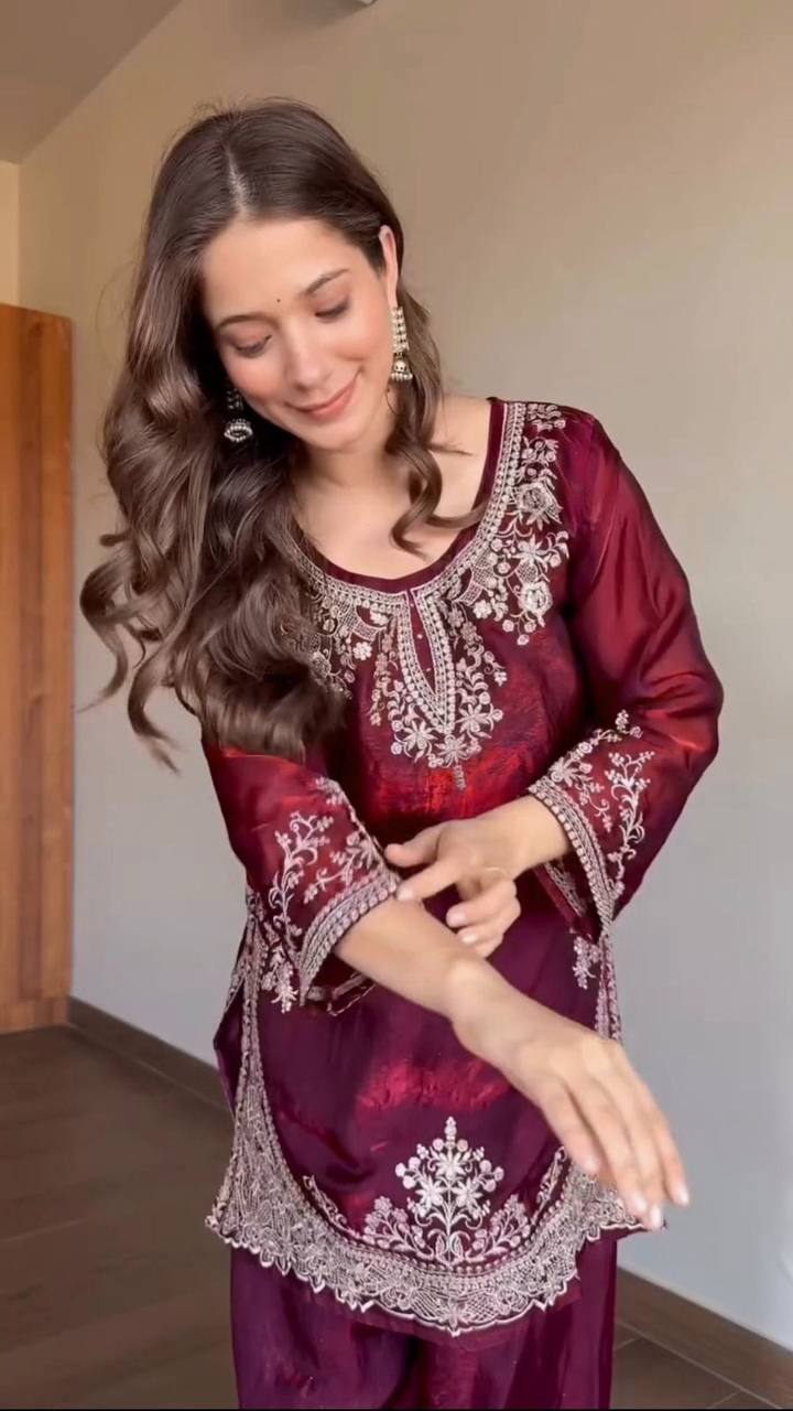 Wine Maroon Fendy Silk Kurti Palazzo Set with Embroidery & Dupatta