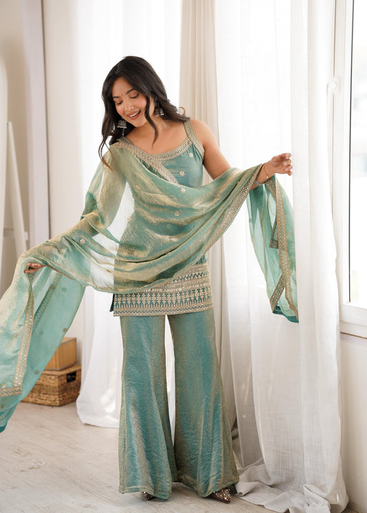 Sea Green Trendy Silk Pakistani Suit Set with Bell Bottom Pants & Embroidered Dupatta