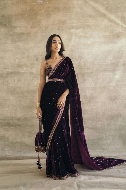 Premium Wine Velvet Saree with Sequins, Dori & Thread Work