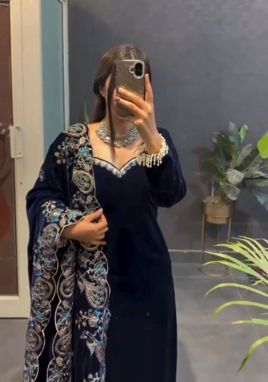 Designer Navy Velvet Suit with Embroidery & Dupatta