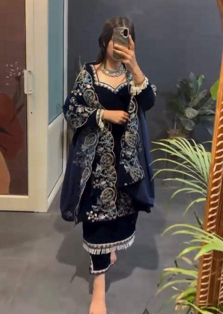 Designer Navy Velvet Suit with Embroidery & Dupatta