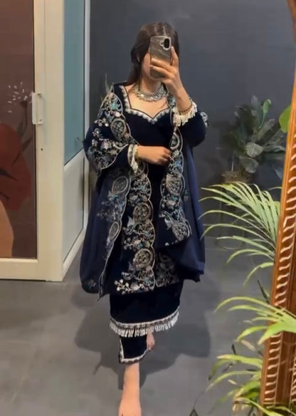 Designer Navy Velvet Suit with Embroidery & Dupatta