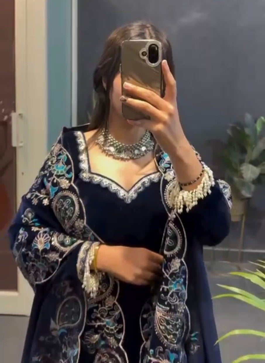 Designer Navy Velvet Suit with Embroidery & Dupatta