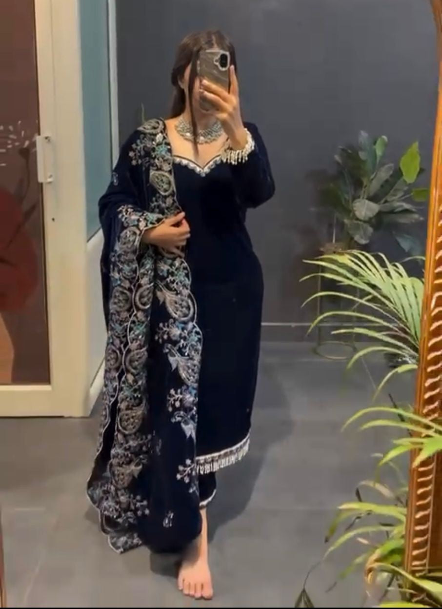 Designer Navy Velvet Suit with Embroidery & Dupatta