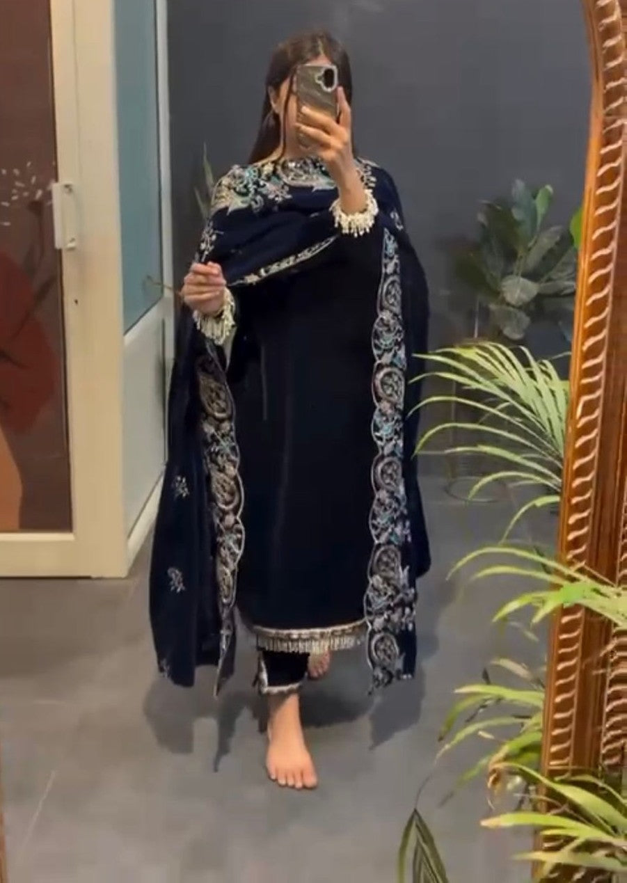 Designer Navy Velvet Suit with Embroidery & Dupatta