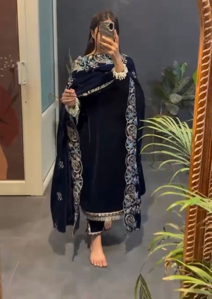 Designer Navy Velvet Suit with Embroidery & Dupatta