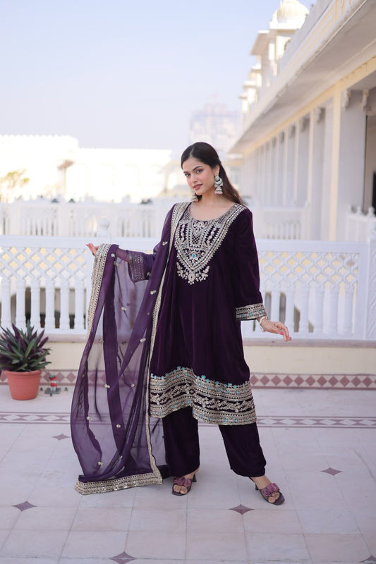 Wine Purple Velvet Embroidered Anarkali Suit with Dupatta for Weddings & Festive Wear