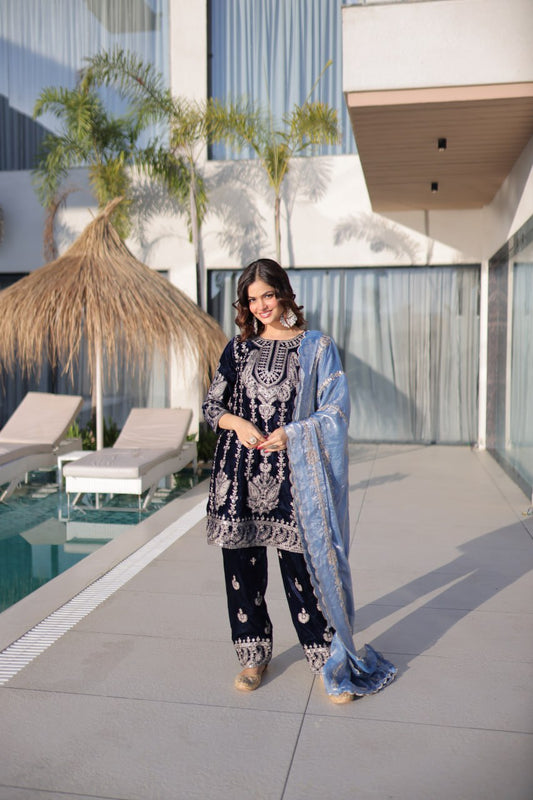 Navy Blue Velvet Embroidered Suit Set with Designer Dupatta for Festive Wear