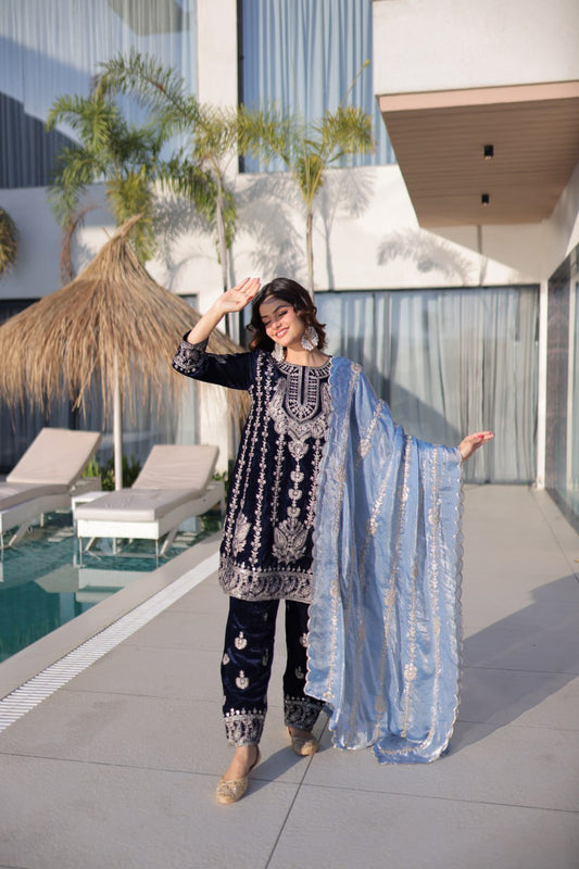 Navy Blue Velvet Embroidered Suit Set with Designer Dupatta for Festive Wear