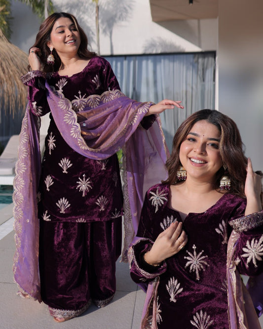 Wine Purple Ice Velvet Embroidered Kurta Palazzo Suit with Designer Dupatta