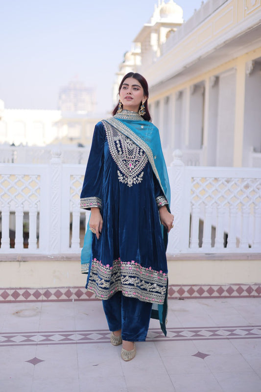Royal Blue Velvet Embroidered Anarkali Suit with Dupatta for Weddings & Festive Wear