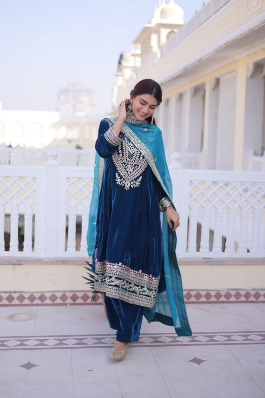 Royal Blue Velvet Embroidered Anarkali Suit with Dupatta for Weddings & Festive Wear