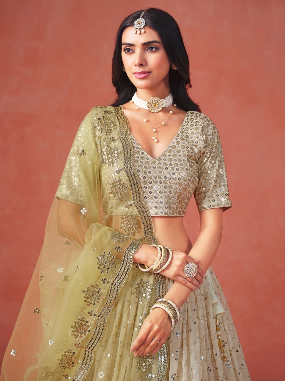 Light Yellow Heavy Zari Embroidered Georgette Lehenga Choli